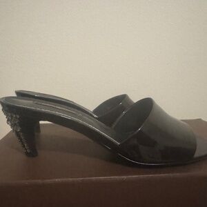 Louis Vuitton Black Patton leather diamond encrusted heel sandals